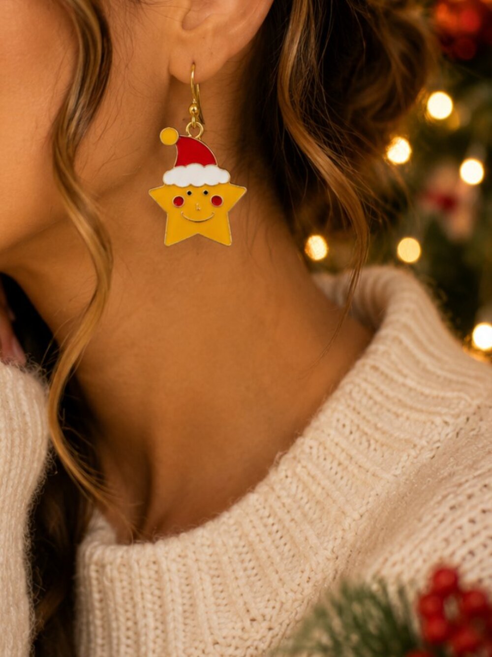 Gold Santa Star Enamel Dangle Earrings Cute Christmas Holiday Jewelry